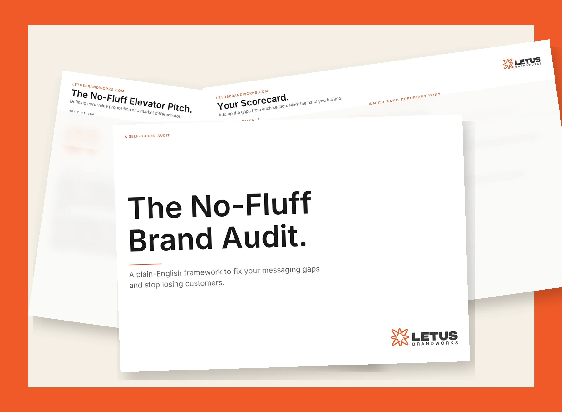 The No-Fluff Brand Audit cover layered over two intentionally obscured inside pages