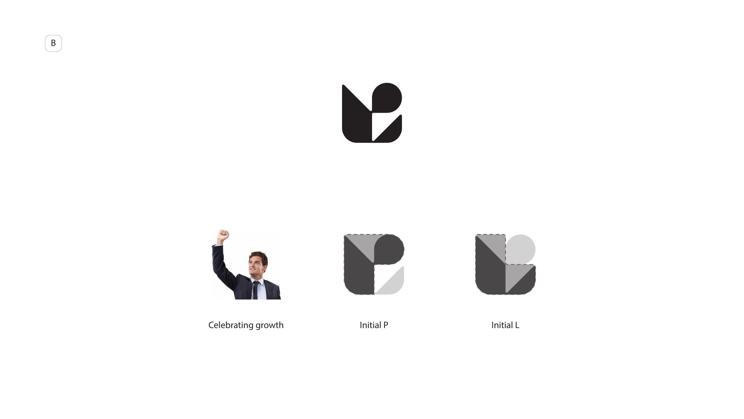 Direction B: the initials as a figure celebrating growth